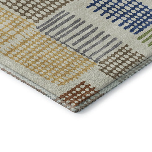8' Beige Blue And Green Geometric Washable Round Rug With UV Protection