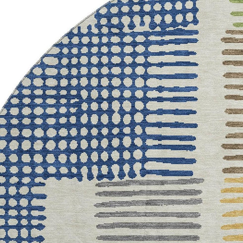 8' Beige Blue And Green Geometric Washable Round Rug With UV Protection