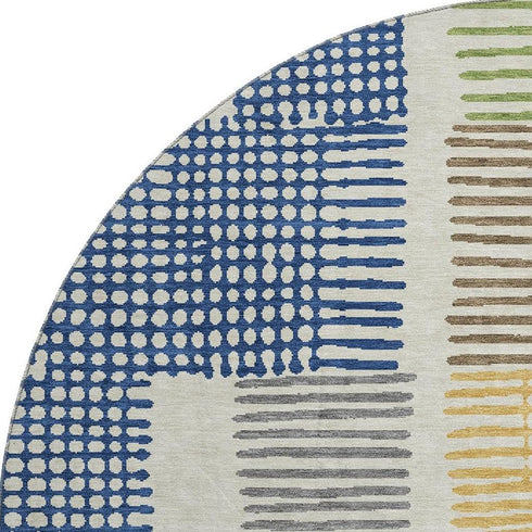 8' Beige Blue And Green Geometric Washable Round Rug With UV Protection