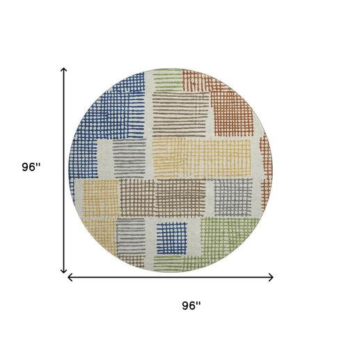 8' Beige Blue And Green Geometric Washable Round Rug With UV Protection