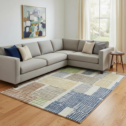 8' X 10' Beige Blue And Green Geometric Washable Area Rug With UV Protection