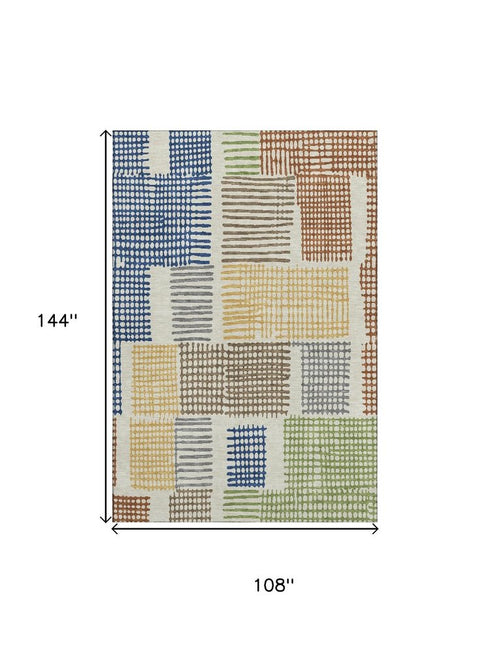 9' X 12' Beige Blue And Green Geometric Washable Area Rug With UV Protection