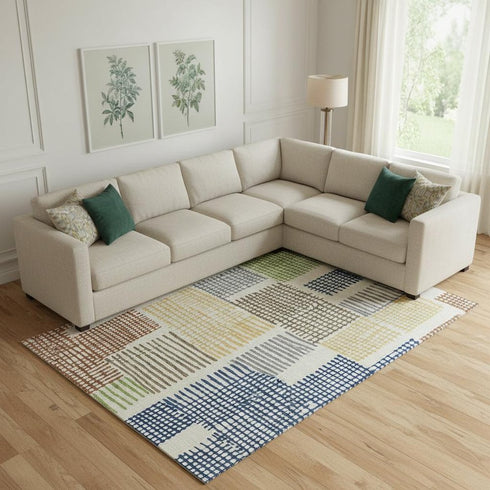 9' X 12' Beige Blue And Green Geometric Washable Area Rug With UV Protection