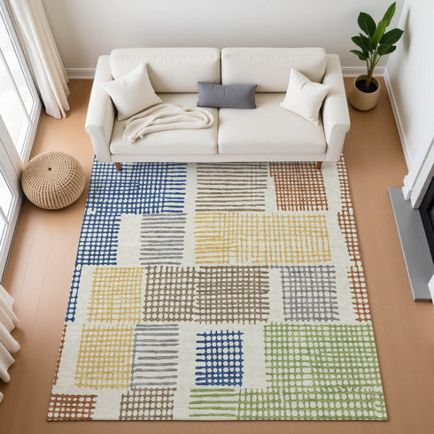 9' X 12' Beige Blue And Green Geometric Washable Area Rug With UV Protection