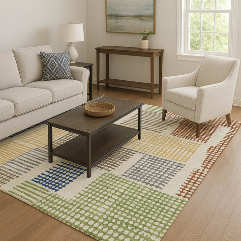 9' X 12' Beige Blue And Green Geometric Washable Area Rug With UV Protection