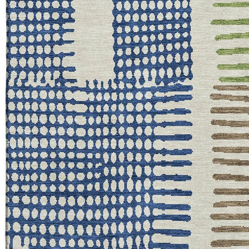 9' X 12' Beige Blue And Green Geometric Washable Area Rug With UV Protection