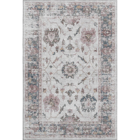 5' X 8' Blush Ivory And Denim Blue Oriental Washable Area Rug With UV Protection