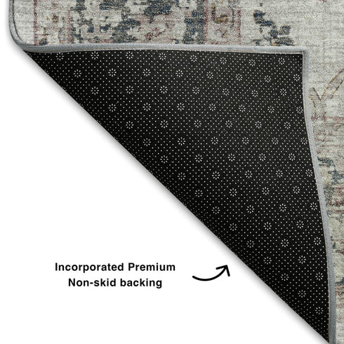 5' X 8' Blush Ivory And Denim Blue Oriental Washable Area Rug With UV Protection
