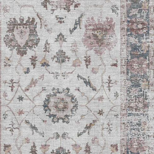 5' X 8' Blush Ivory And Denim Blue Oriental Washable Area Rug With UV Protection