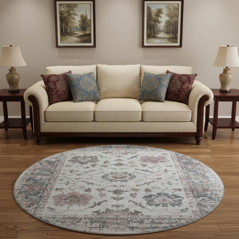 8' Blush Ivory And Denim Blue Oriental Washable Round Rug With UV Protection