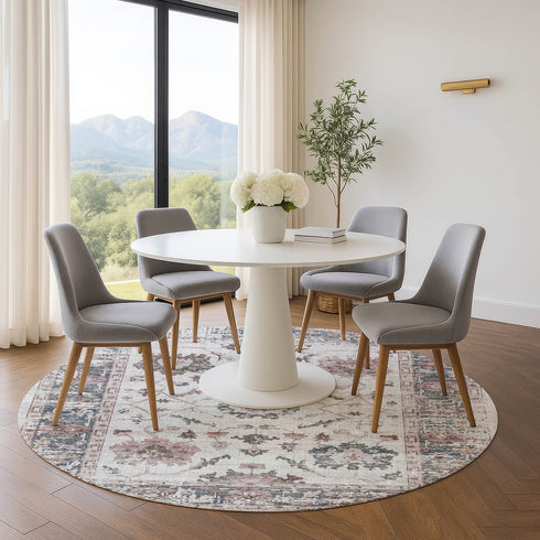 8' Blush Ivory And Denim Blue Oriental Washable Round Rug With UV Protection