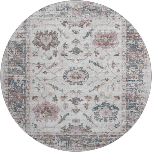 8' Blush Ivory And Denim Blue Oriental Washable Round Rug With UV Protection