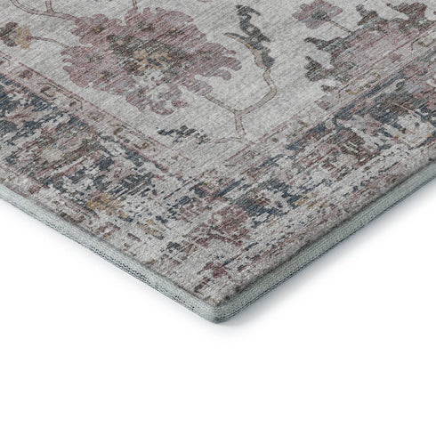 8' Blush Ivory And Denim Blue Oriental Washable Round Rug With UV Protection