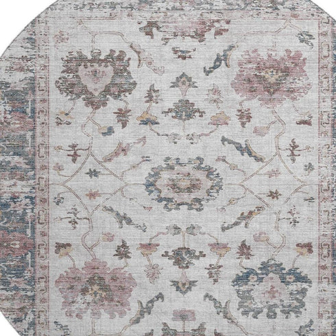8' Blush Ivory And Denim Blue Oriental Washable Round Rug With UV Protection