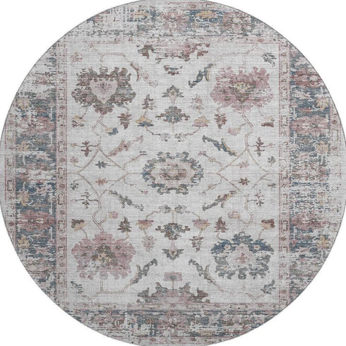 8' Blush Ivory And Denim Blue Oriental Washable Round Rug With UV Protection