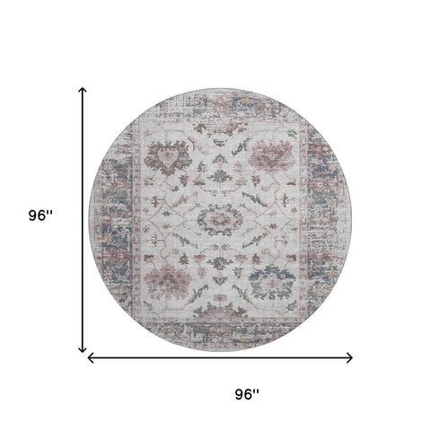 8' Blush Ivory And Denim Blue Oriental Washable Round Rug With UV Protection