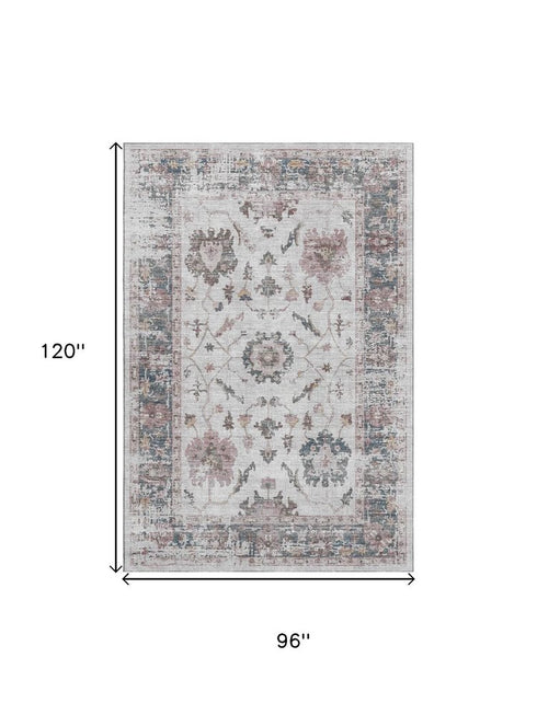 8' X 10' Blush Ivory And Denim Blue Oriental Washable Area Rug With UV Protection