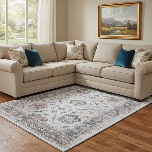 8' X 10' Blush Ivory And Denim Blue Oriental Washable Area Rug With UV Protection