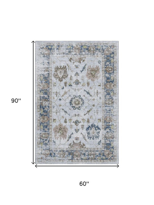 5' X 8' Blue Gray And Taupe Oriental Washable Area Rug With UV Protection