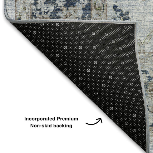 5' X 8' Blue Gray And Taupe Oriental Washable Area Rug With UV Protection