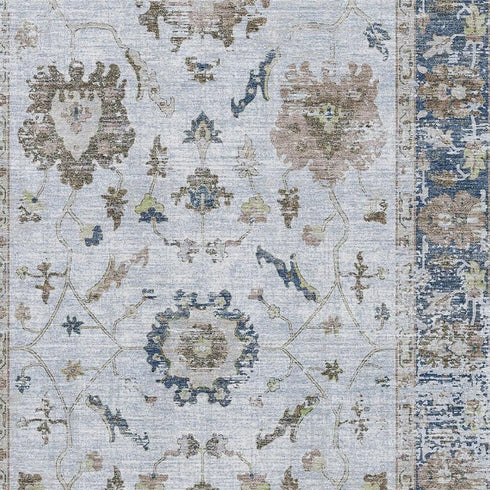5' X 8' Blue Gray And Taupe Oriental Washable Area Rug With UV Protection