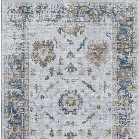 5' X 8' Blue Gray And Taupe Oriental Washable Area Rug With UV Protection