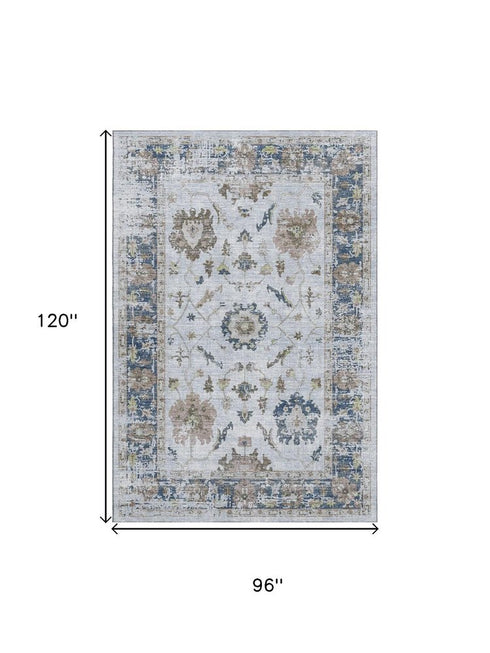 8' X 10' Blue Gray And Taupe Oriental Washable Area Rug With UV Protection