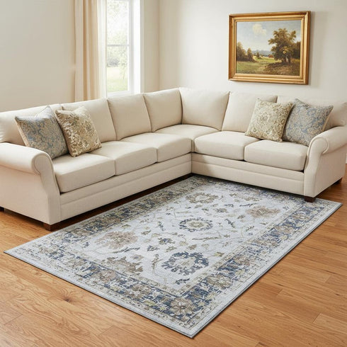 8' X 10' Blue Gray And Taupe Oriental Washable Area Rug With UV Protection
