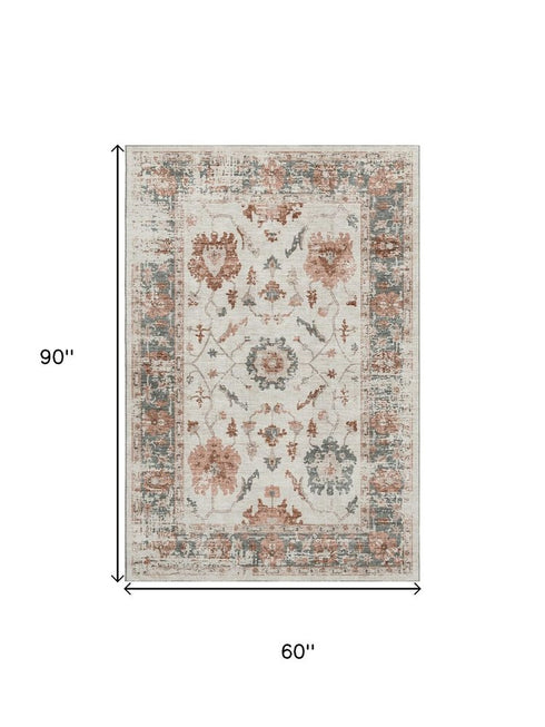 5' X 8' Linen Ivory And Salmon Oriental Washable Area Rug With UV Protection