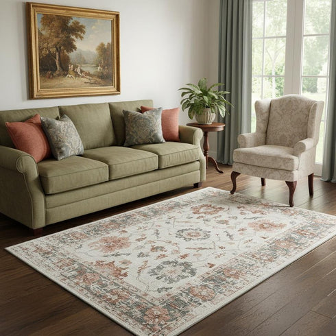 5' X 8' Linen Ivory And Salmon Oriental Washable Area Rug With UV Protection