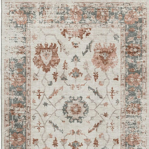 5' X 8' Linen Ivory And Salmon Oriental Washable Area Rug With UV Protection