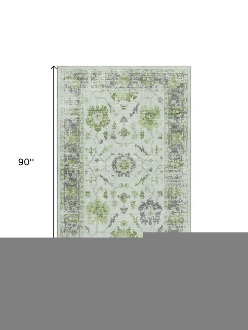 5' X 8' Mint Green And Gray Oriental Washable Area Rug With UV Protection