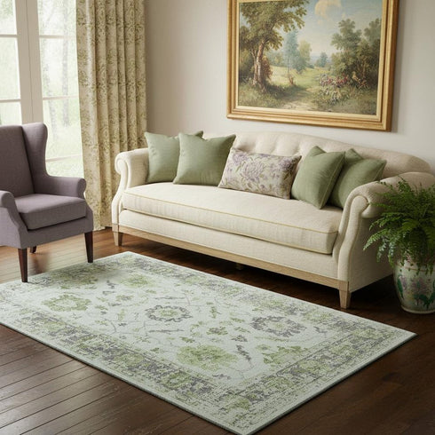 5' X 8' Mint Green And Gray Oriental Washable Area Rug With UV Protection