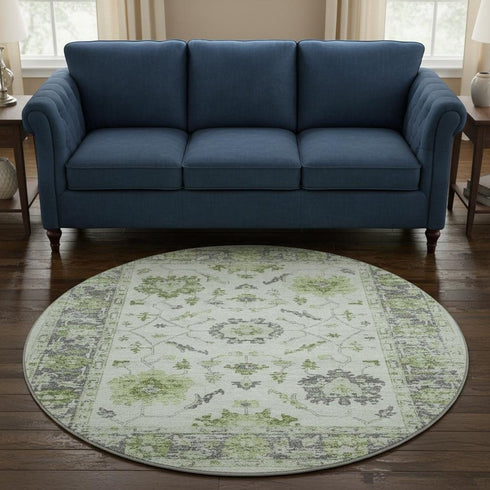 8' Mint Green And Gray Oriental Washable Round Rug With UV Protection
