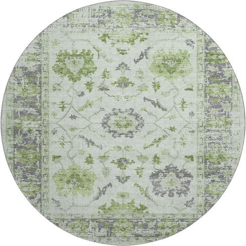 8' Mint Green And Gray Oriental Washable Round Rug With UV Protection