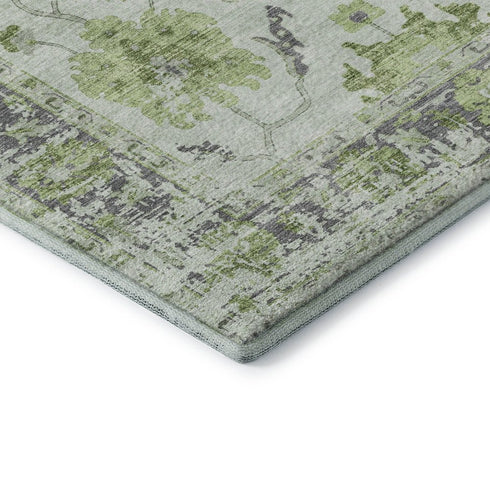 8' Mint Green And Gray Oriental Washable Round Rug With UV Protection