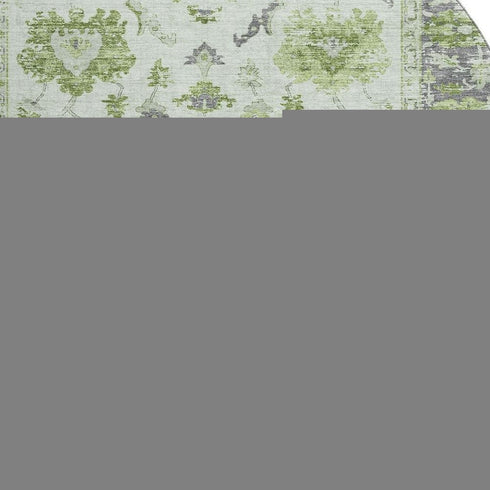8' Mint Green And Gray Oriental Washable Round Rug With UV Protection