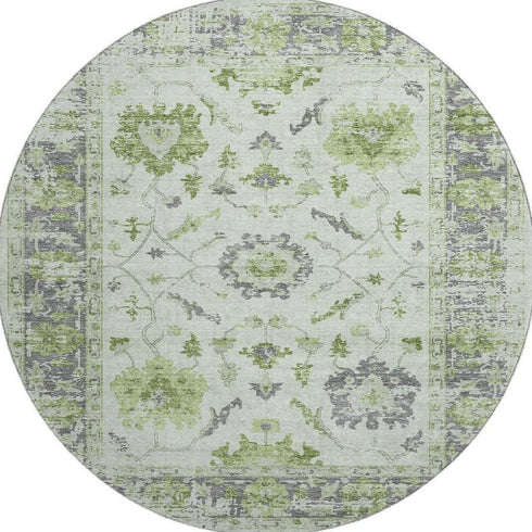 8' Mint Green And Gray Oriental Washable Round Rug With UV Protection
