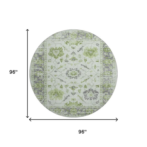 8' Mint Green And Gray Oriental Washable Round Rug With UV Protection