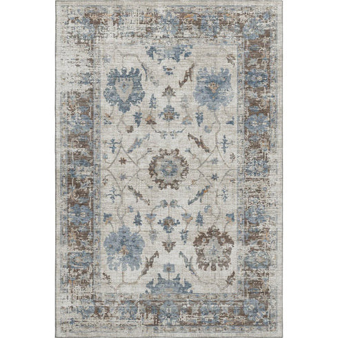 5' X 8' Beige Blue And Brown Oriental Washable Area Rug With UV Protection