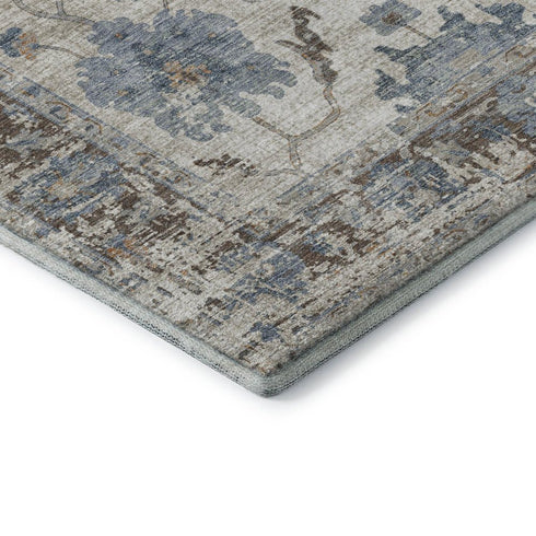 5' X 8' Beige Blue And Brown Oriental Washable Area Rug With UV Protection