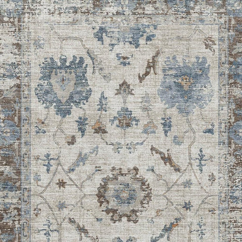 5' X 8' Beige Blue And Brown Oriental Washable Area Rug With UV Protection