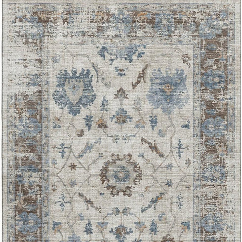 5' X 8' Beige Blue And Brown Oriental Washable Area Rug With UV Protection