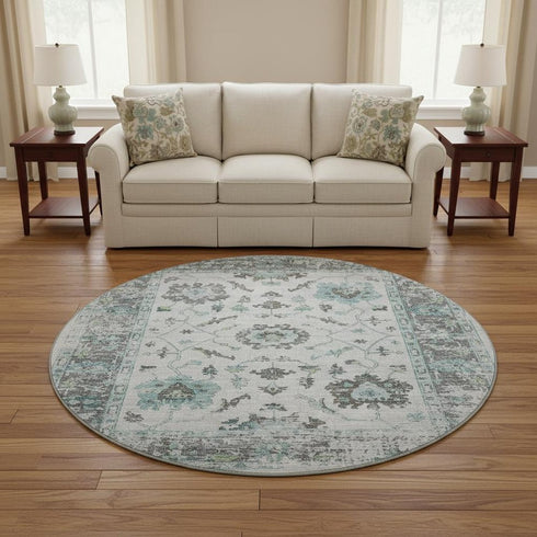 8' Teal Gray And Charcoal Oriental Washable Round Rug With UV Protection