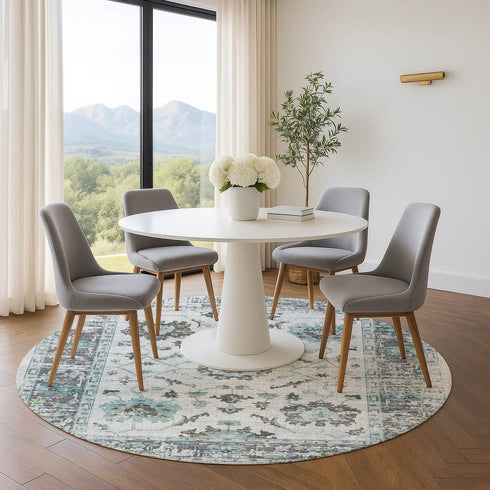 8' Teal Gray And Charcoal Oriental Washable Round Rug With UV Protection