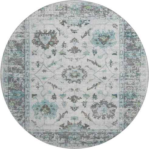 8' Teal Gray And Charcoal Oriental Washable Round Rug With UV Protection