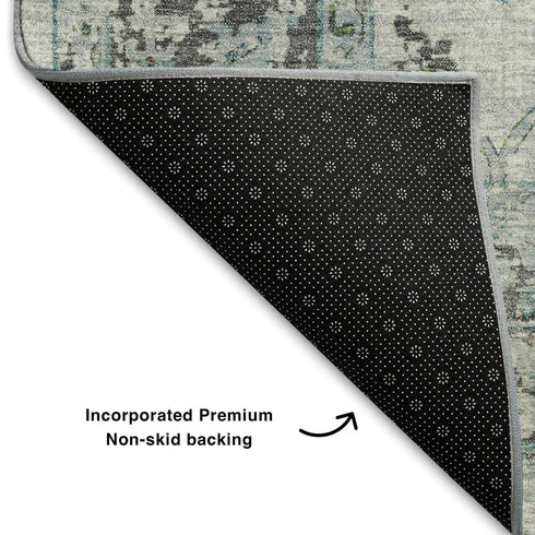 8' Teal Gray And Charcoal Oriental Washable Round Rug With UV Protection