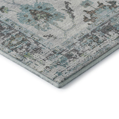 8' Teal Gray And Charcoal Oriental Washable Round Rug With UV Protection