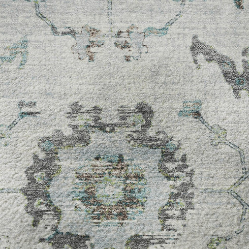 8' Teal Gray And Charcoal Oriental Washable Round Rug With UV Protection