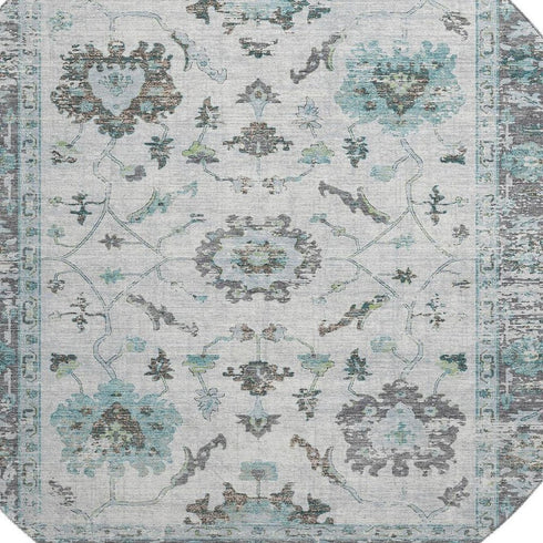 8' Teal Gray And Charcoal Oriental Washable Round Rug With UV Protection